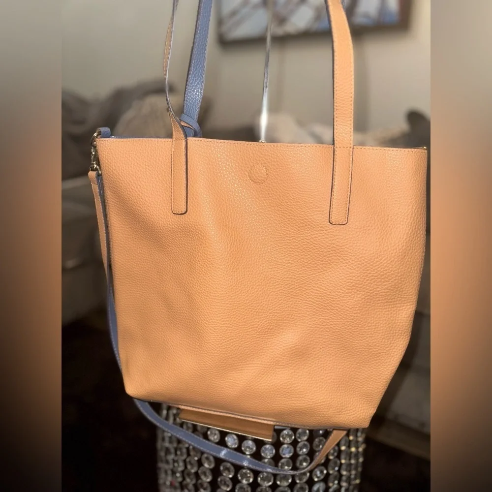 Vegan reversible carryall with a removable pouch tan/light blue